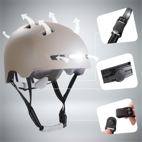 Crazy Safety - Urban bicycle and skater helmet with front and rear lights - Sand - M (54-57cm) (CS240201)