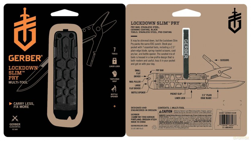 Gerber Multi-Tool with 7 Functions, Knife with Smooth Blade and Belt Clip, Lockdown Slim Pry, Cast Iron