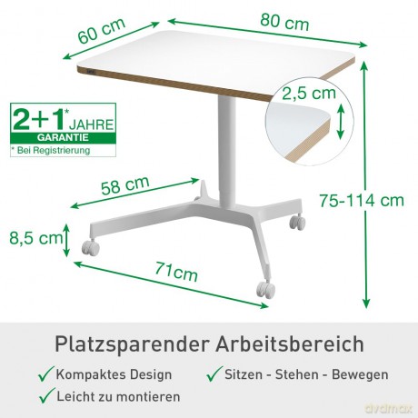 Leitz - Sit/standing desk Ergo Small manually w/wheels - white
