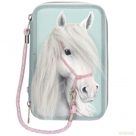 Piórnik Miss Melody - Triple Pencil Case With Horse Head Application - Sage Green