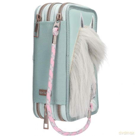 Piórnik Miss Melody - Triple Pencil Case With Horse Head Application - Sage Green