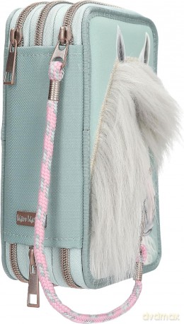 Piórnik Miss Melody - Triple Pencil Case With Horse Head Application - Sage Green