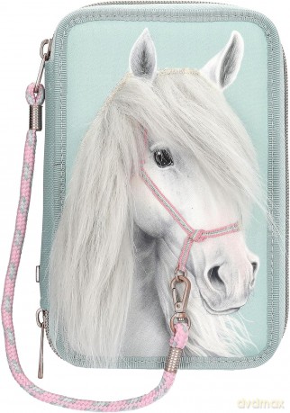 Piórnik Miss Melody - Triple Pencil Case With Horse Head Application - Sage Green