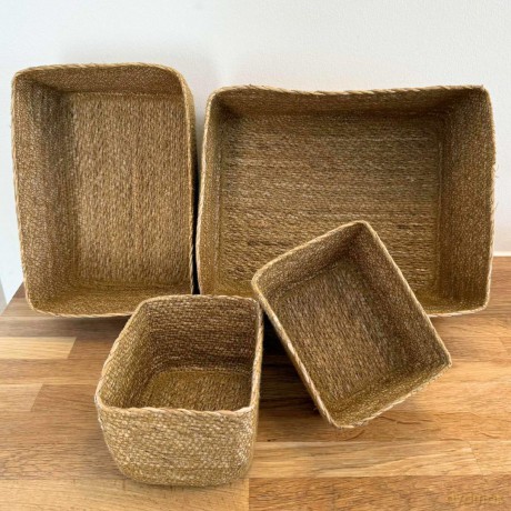 Olsen Home - Basket in Seagrass - 4 pcs - Large: 30  14  26 cm, Medium: 28  13  19 cm, Small (2): 15.5  10  12 cm each
