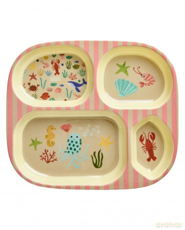 Rice - Melamine Kids 4 Room Plate - Coral Ocean Print - Coral