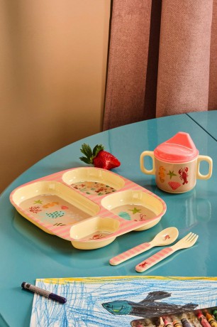 Rice - Melamine Kids 4 Room Plate - Coral Ocean Print - Coral