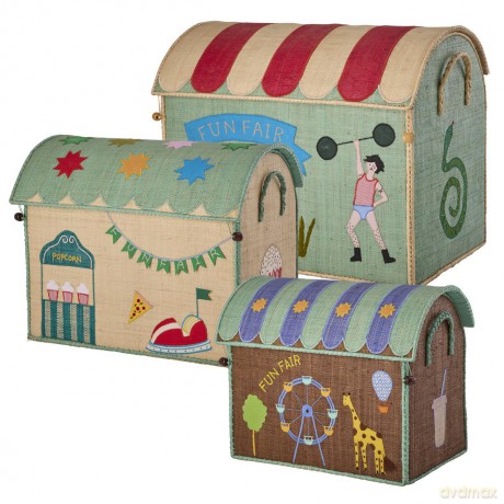 Rice - Raffia Toy Baskets with Fun Fair Theme - Blue - Set of 3,