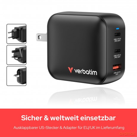 Verbatim - 100WGaN Charger, 3 Port US plug with EU and UK adaptors