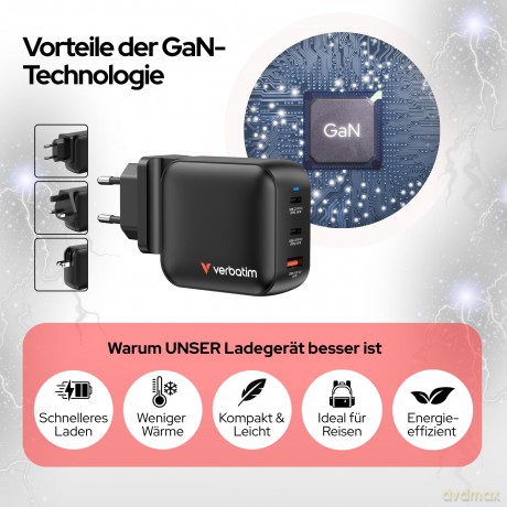 Verbatim - 100WGaN Charger, 3 Port US plug with EU and UK adaptors