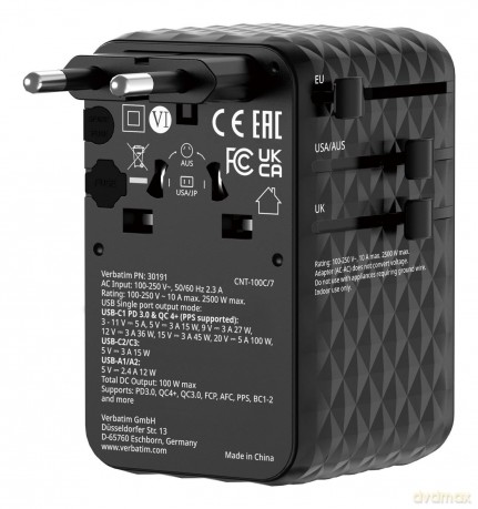 Verbatim - Charge 'n' Travel 100W Universal Travel Adapter with retractable cable Black