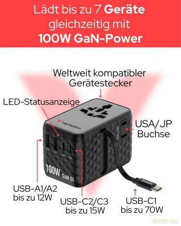 Verbatim - Charge 'n' Travel 100W Universal Travel Adapter with retractable cable Black