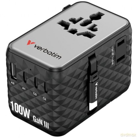 Verbatim - Charge 'n' Travel 100W Universal Travel Adapter with retractable cable Black
