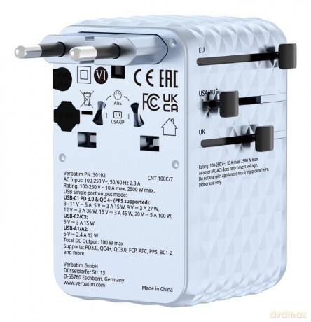 Verbatim - Charge 'n' Travel 100W Universal Travel Adapter with retractable cable Blue