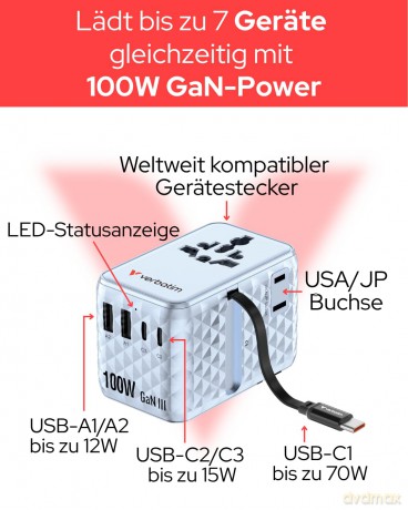 Verbatim - Charge 'n' Travel 100W Universal Travel Adapter with retractable cable Blue