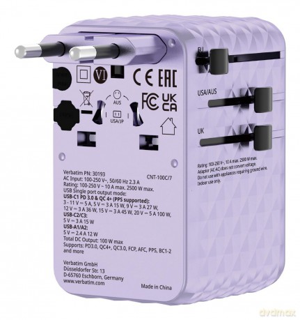Verbatim - Charge 'n' Travel 100W Universal Travel Adapter with retractable cable Purple