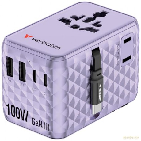Verbatim - Charge 'n' Travel 100W Universal Travel Adapter with retractable cable Purple