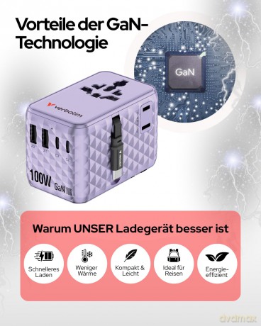 Verbatim - Charge 'n' Travel 100W Universal Travel Adapter with retractable cable Purple
