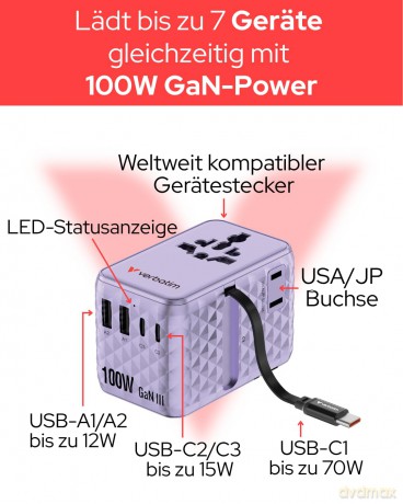 Verbatim - Charge 'n' Travel 100W Universal Travel Adapter with retractable cable Purple