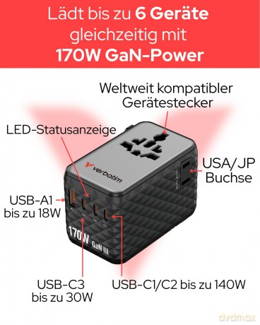 Verbatim - Charge N Travel 170W Universal Travel Adapter Black