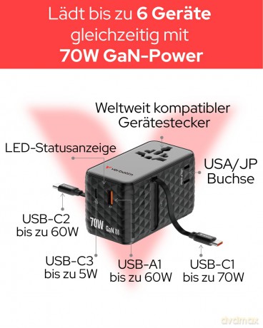Verbatim - Charge 'n' Travel 70W 2C retractable Universal Travel Adapter Black