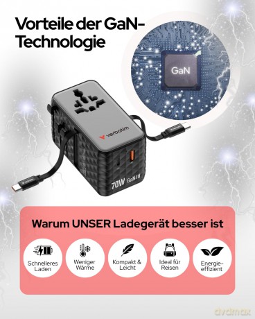 Verbatim - Charge 'n' Travel 70W 2C retractable Universal Travel Adapter Black
