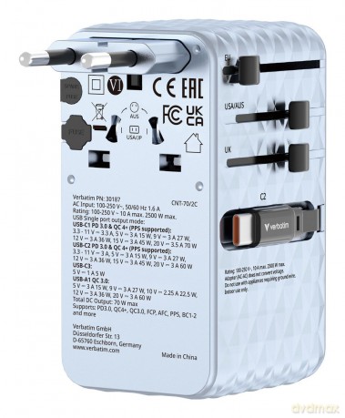 Verbatim - Charge 'n' Travel 70W 2C retractable Universal Travel Adapter Blue