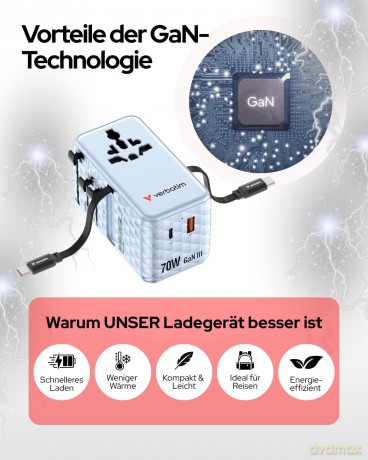 Verbatim - Charge 'n' Travel 70W 2C retractable Universal Travel Adapter Blue