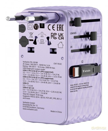 Verbatim - Charge 'n' Travel 70W 2C retractable Universal Travel Adapter Purple