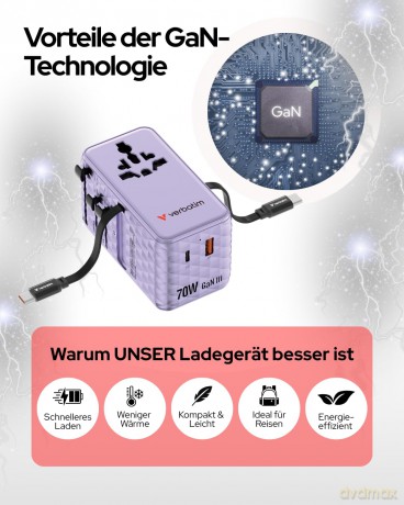 Verbatim - Charge 'n' Travel 70W 2C retractable Universal Travel Adapter Purple