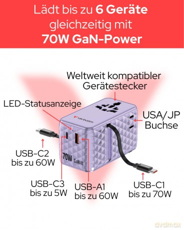 Verbatim - Charge 'n' Travel 70W 2C retractable Universal Travel Adapter Purple