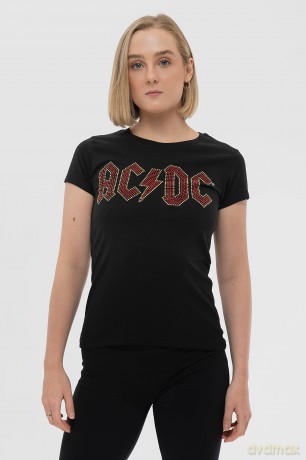 AC/DC: Ladies T-Shirt: Full Colour Logo (Black) (Embellished) (Small)