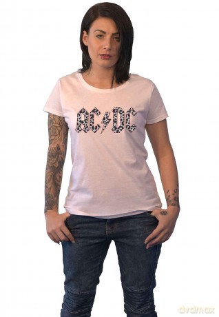 AC/DC: Ladies T-Shirt: Mono Leopard Print Logo (White) (14)