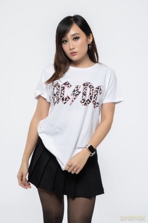 AC/DC: Ladies T-Shirt: Mono Leopard Print Logo (White) (14)