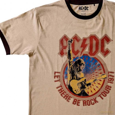 AC/DC: Unisex Ringer T-Shirt: Let There Be Rock Tour '77 (Sand) (Medium)