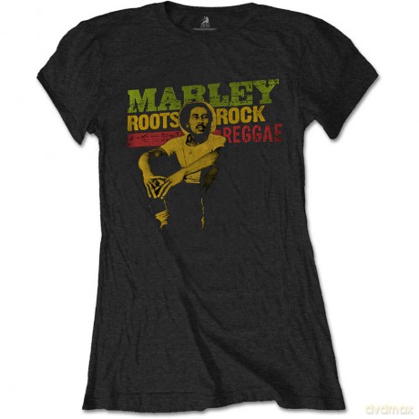 Bob Marley: Ladies T-Shirt: Roots, Rock, Reggae (Black) (Large)
