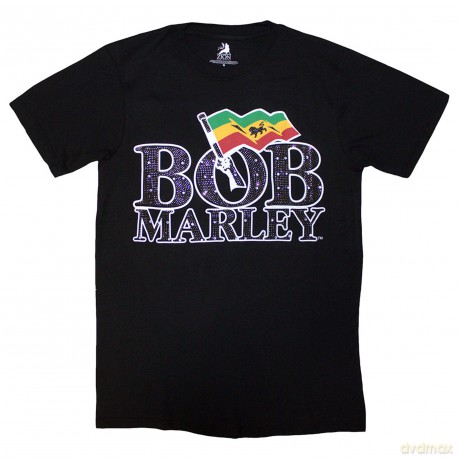 Bob Marley: Unisex T-Shirt: Flag Logo (Black) (Embellished) (Medium)