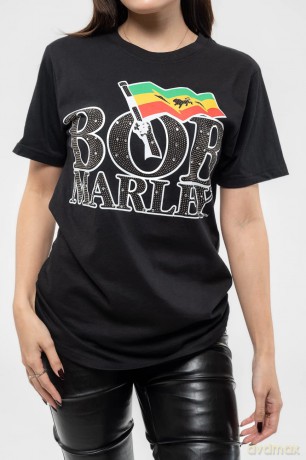 Bob Marley: Unisex T-Shirt: Flag Logo (Black) (Embellished) (Small)