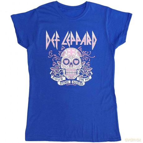 Def Leppard: Ladies T-Shirt: Pour Some Sugar On Me Skull Tour 2019 (Blue) (Ex-Tour) (Small)