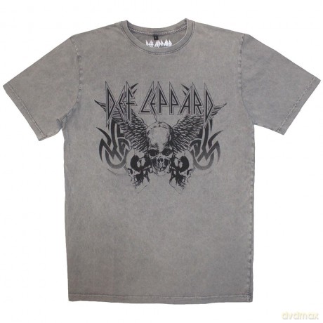 Def Leppard: Unisex Stone Wash T-Shirt: Tribal Skull (Grey) (Large)
