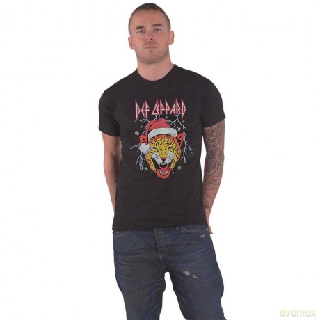 Def Leppard: Unisex T-Shirt: Holiday Leppard (Black) (Medium)