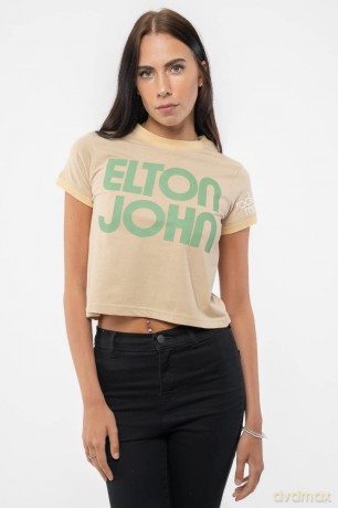 Elton John: Ladies Crop Top: Retro Text (Sand) (Sleeve Print) (Large)
