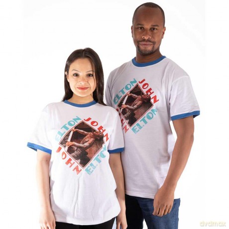 Elton John: Unisex Ringer T-Shirt: Piano Diamond (White) (Medium)