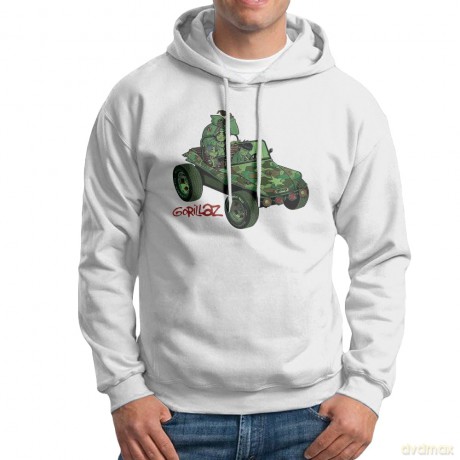 Gorillaz: Unisex Pullover Hoodie: Green Jeep (White) (Medium)