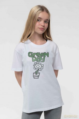 Green Day: Kids T-Shirt: Flower Pot (White) (9-10 Years)