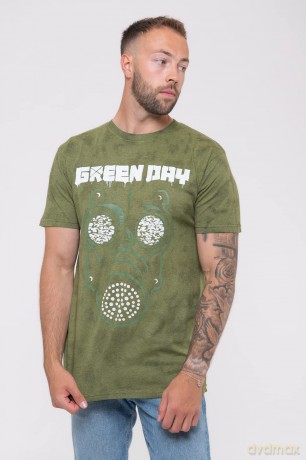 Green Day: Unisex T-Shirt: Gas Mask (Khaki Green) (Wash Collection) (X-Large)