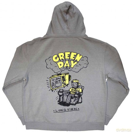 Green Day: Unisex Zipped Hoodie: Longview Doodle (Grey) (Back Print) (Medium)