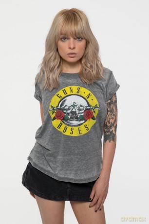 Guns n Roses: Guns N' Roses Ladies Burnout T-Shirt: Classic Logo (Charcoal Grey) (Medium)