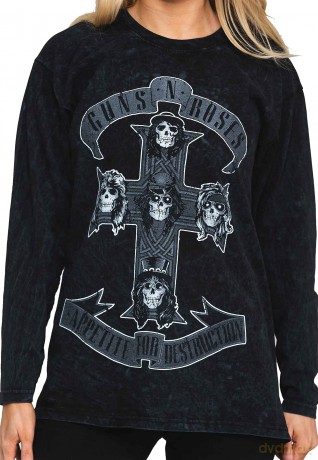 Guns n Roses: Guns N' Roses Unisex Long Sleeve T-Shirt: Monochrome Cross (Black) (Wash Collection) (Large)