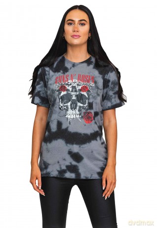 Guns n Roses: Guns N' Roses Unisex T-Shirt: Flower Skull (Dip-Dye On Grey) (Wash Collection) (Medium)