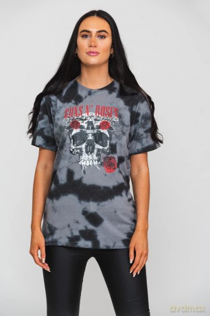 Guns n Roses: Guns N' Roses Unisex T-Shirt: Flower Skull (Dip-Dye On Grey) (Wash Collection) (XX-Large)